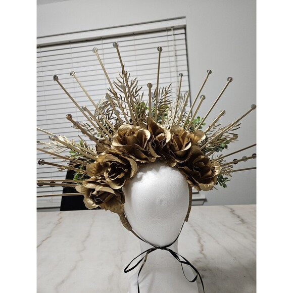 Golden Flowers Halo Crown, Floral Headpiece, Handmade, NEW - Picture 10 of 13